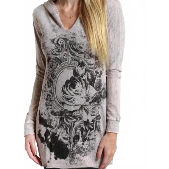 NEW VOCAL APPAREL long sleeve hoodie tunic in taupe - Picture 2 of 2